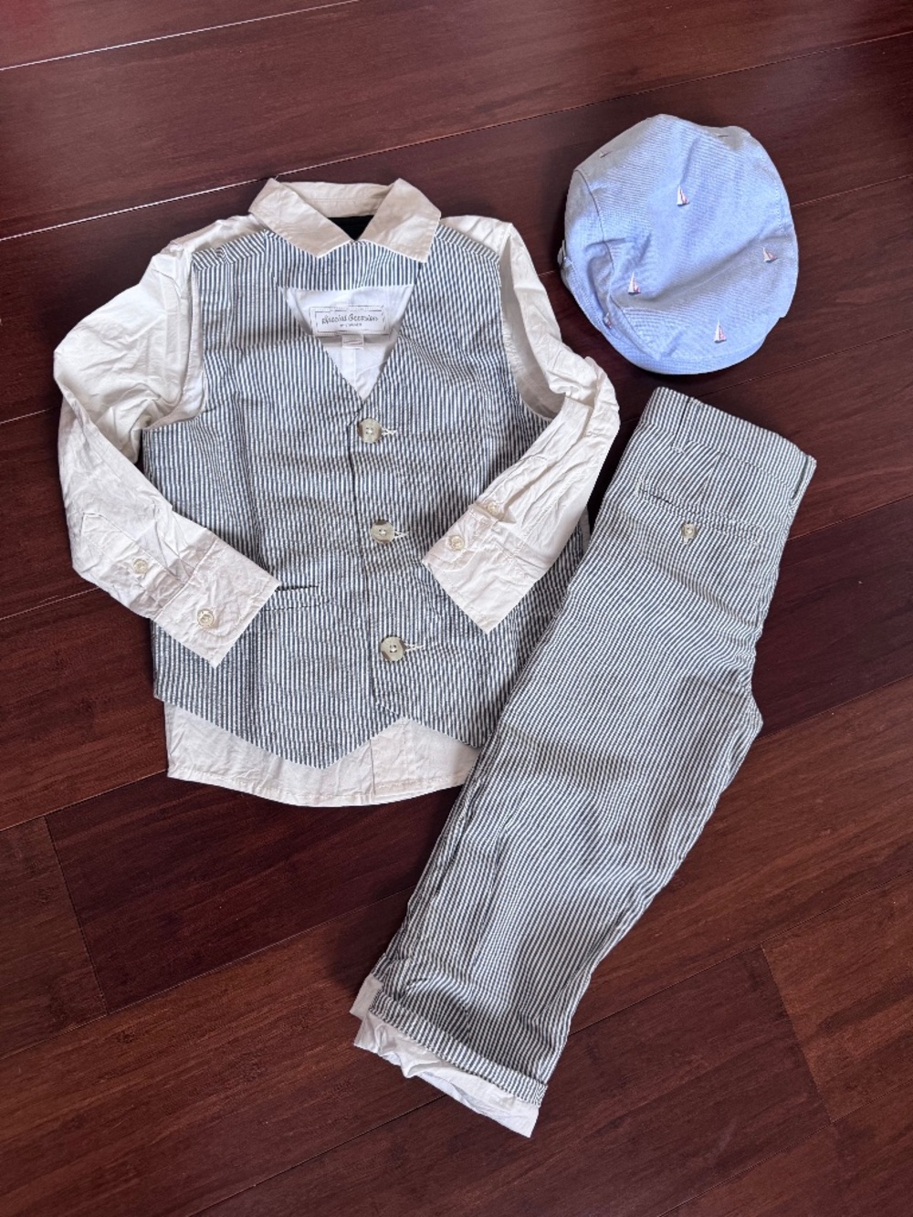 Baby Boy Vintage Gentleman Outfit 4T Pinstripe Suit Newsboy Cap Wedding